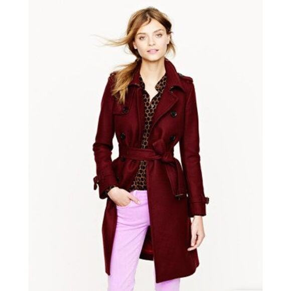 J Crew Coat Women 4 Icon Trench Coat Wool Cashmere Burgundy Double Breasted - Picture 1 of 10